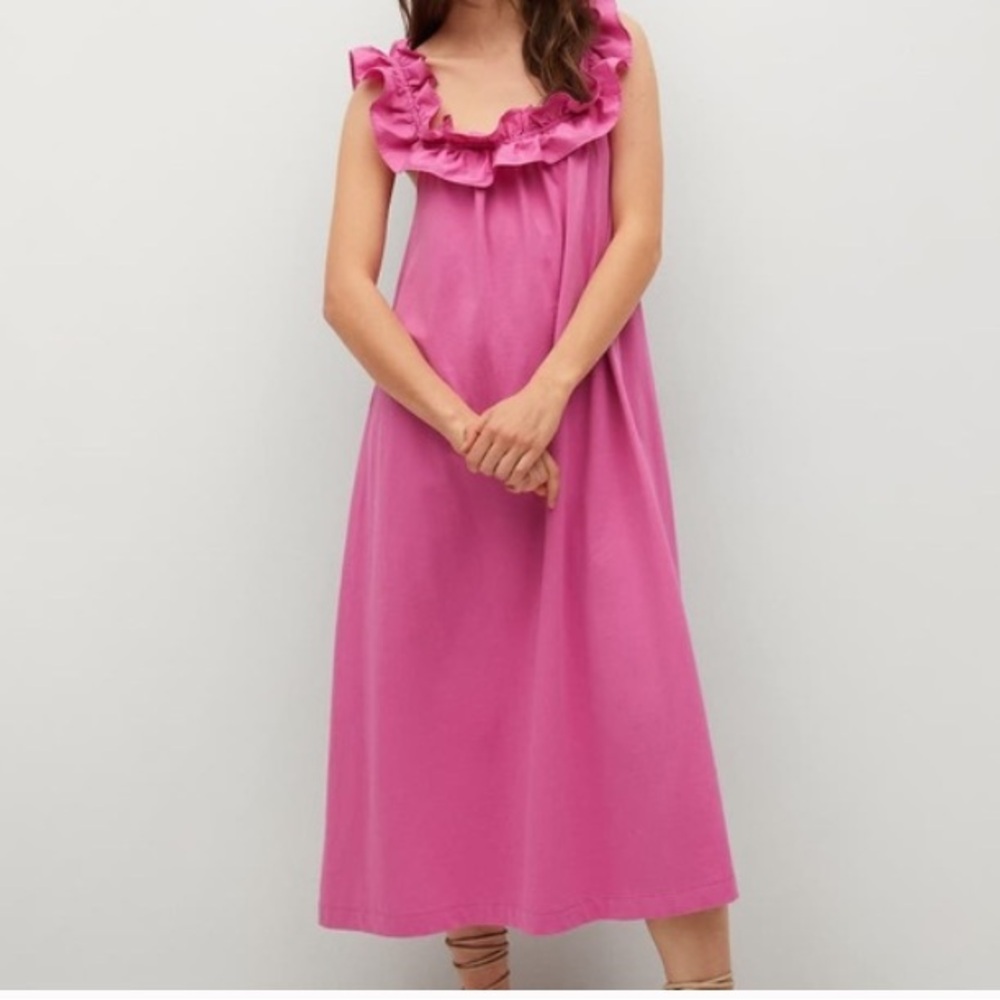 MNG Mango Margot Pink Ruffle Midi Dress